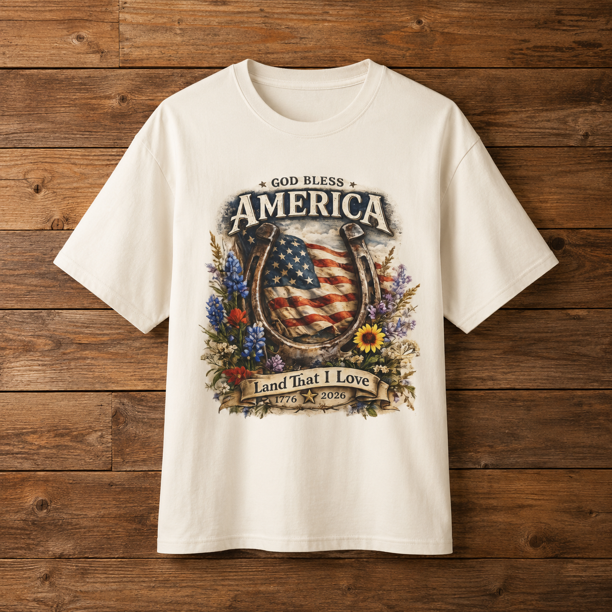 ⭐⭐⭐⭐⭐ God Bless America Horseshoe Tee | Western Boutique Americana Shirt | Patriotic 250th Anniversary Shirt | Women's Vintage USA Graphic Tee | 1776–2026