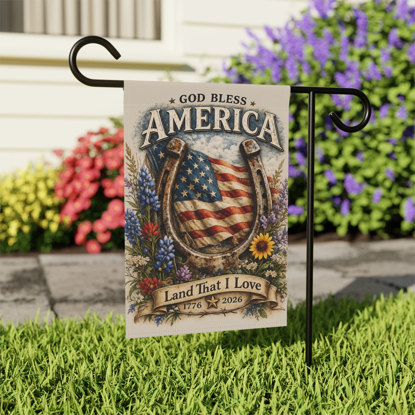 God Bless America Garden Flag — Patriotic Horseshoe & Flag Welcome Banner (Land That I Love 1776–2026)