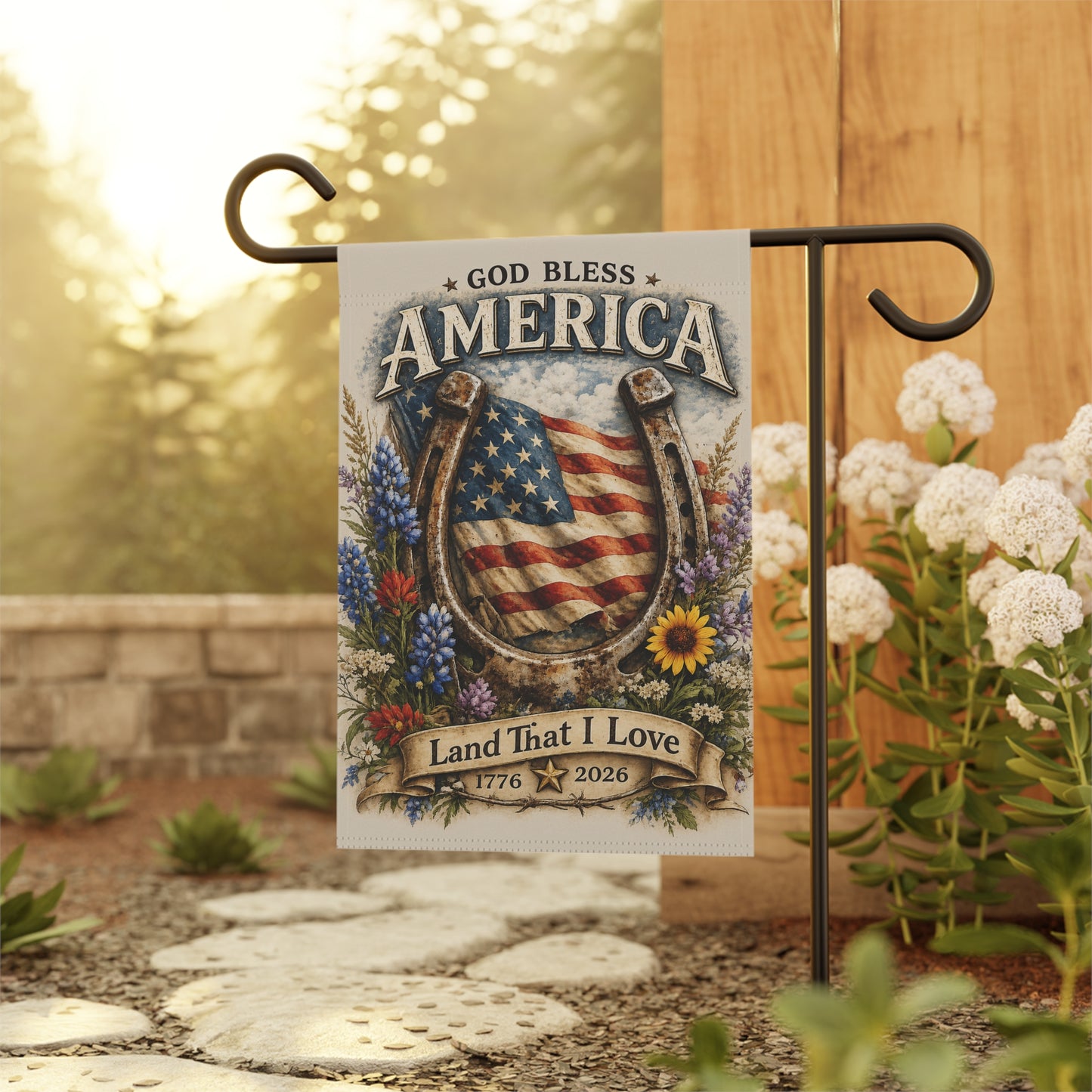 God Bless America Garden Flag — Patriotic Horseshoe & Flag Welcome Banner (Land That I Love 1776–2026)