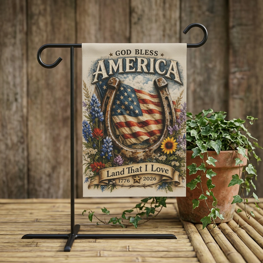 God Bless America Garden Flag — Patriotic Horseshoe & Flag Welcome Banner (Land That I Love 1776–2026)