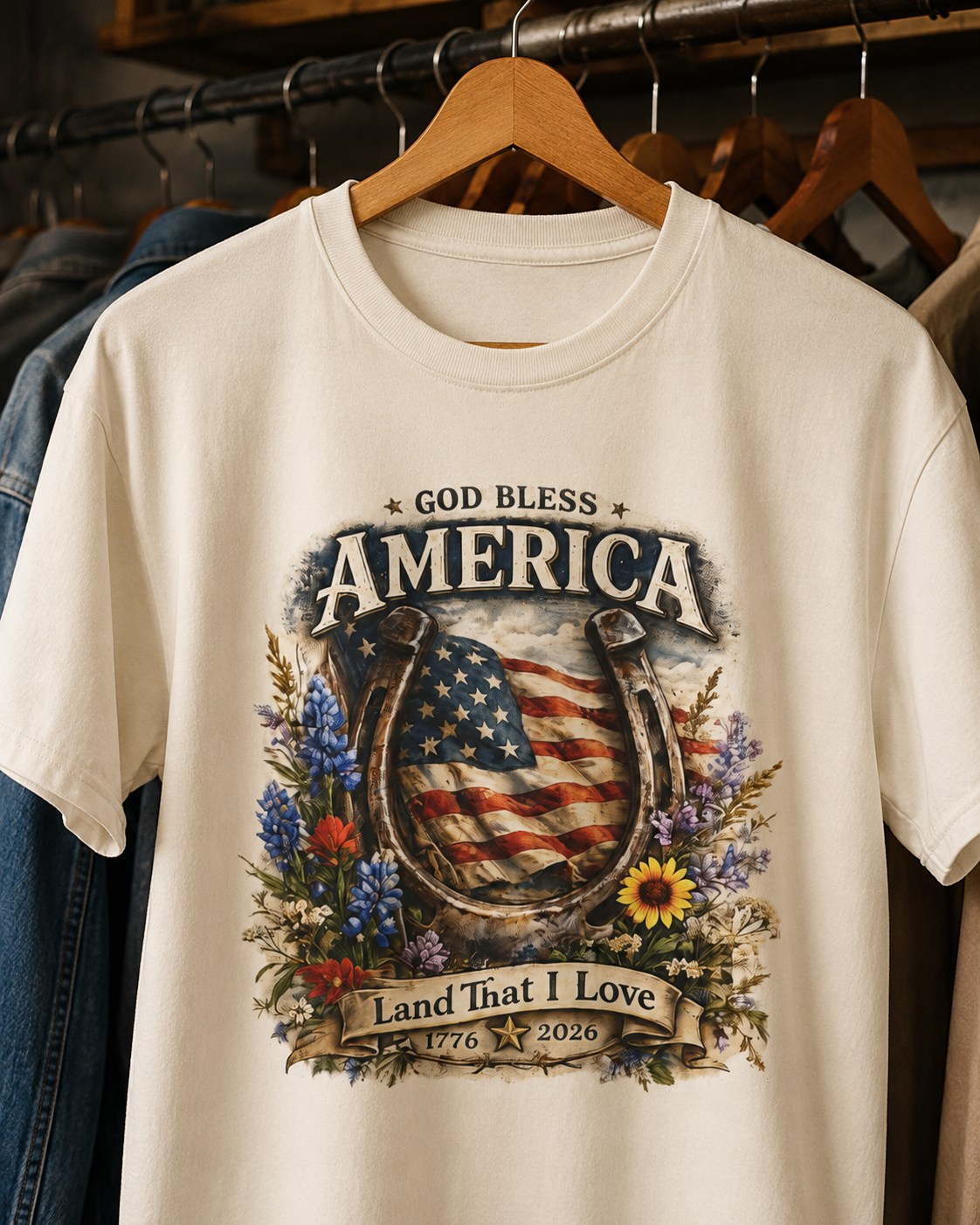⭐⭐⭐⭐⭐ God Bless America Horseshoe Tee | Western Boutique Americana Shirt | Patriotic 250th Anniversary Shirt | Women's Vintage USA Graphic Tee | 1776–2026
