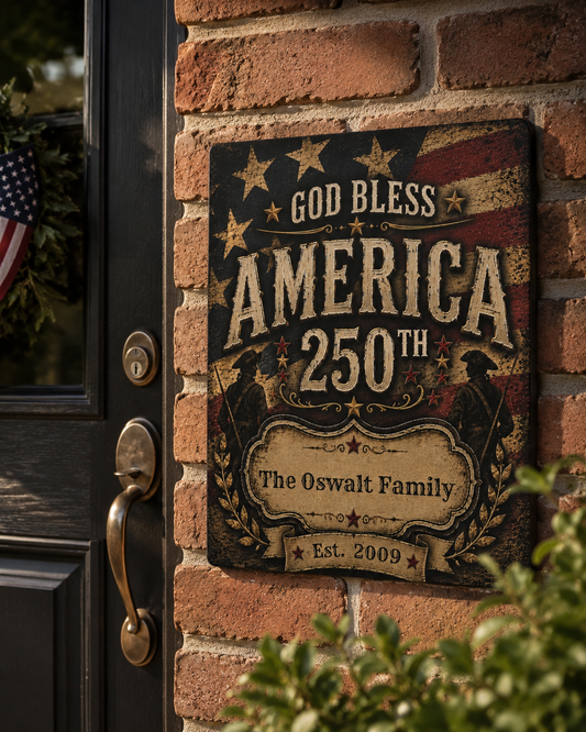 ⭐⭐ Personalized America 250 Metal Sign | Custom Family Name Patriotic Wall Decor | 250th Anniversary Home Sign | Vintage Americana Metal Plaque | Established Family Gift   ⭐⭐