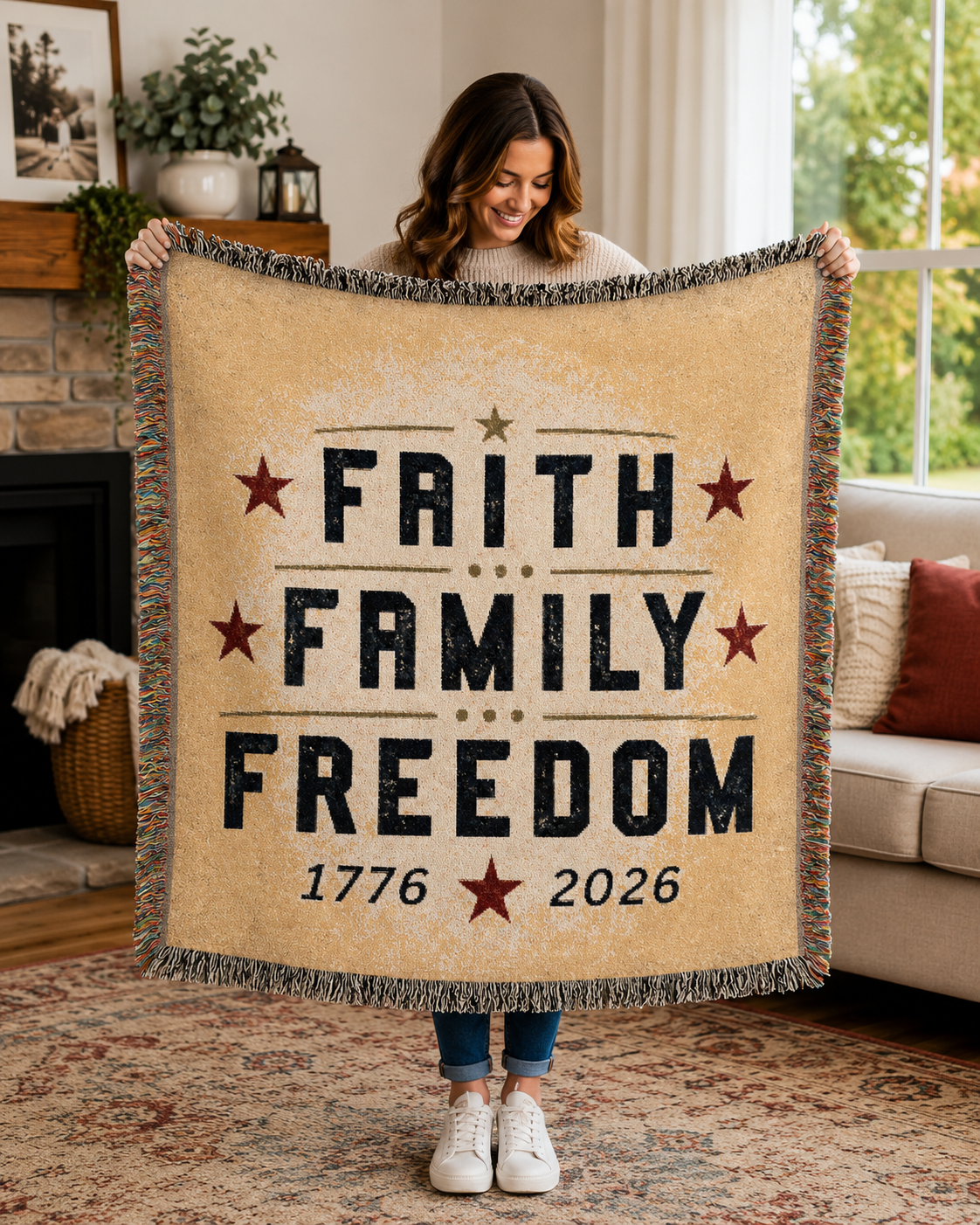 Faith ❤️  Family ❤️  Freedom  ❤️  Woven Blanket America 250th Anniversary Blanket | Patriotic Throw Blanket | Faith Family Freedom Home Décor
