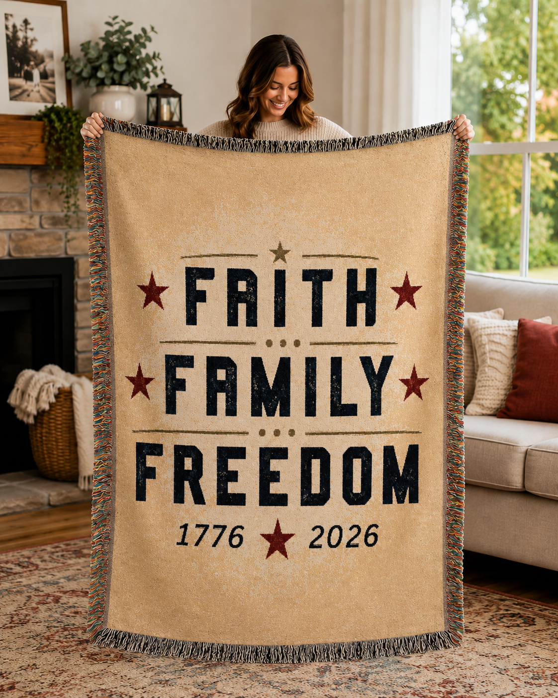 Faith ❤️  Family ❤️  Freedom  ❤️  Woven Blanket America 250th Anniversary Blanket | Patriotic Throw Blanket | Faith Family Freedom Home Décor