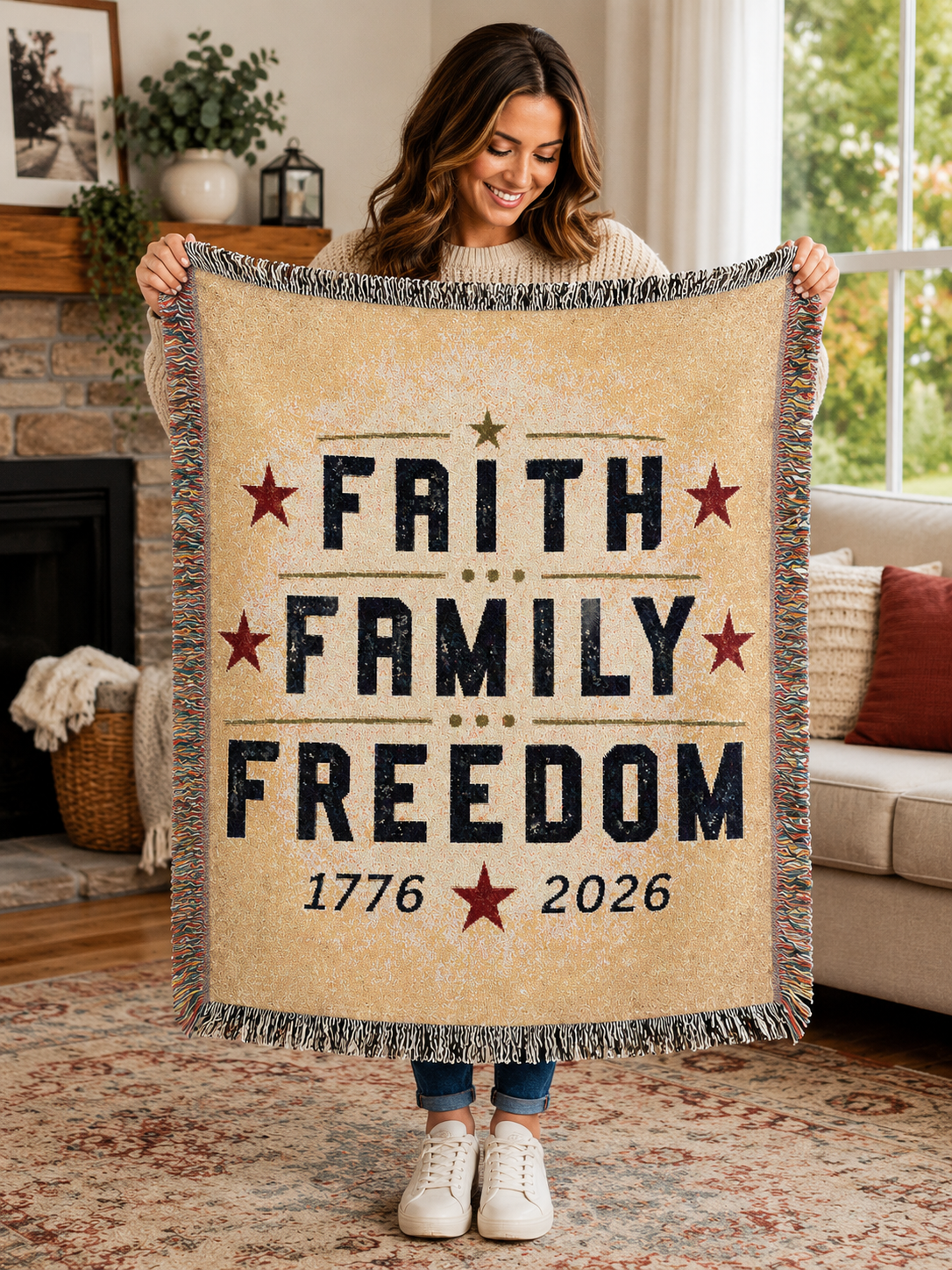 Faith ❤️  Family ❤️  Freedom  ❤️  Woven Blanket America 250th Anniversary Blanket | Patriotic Throw Blanket | Faith Family Freedom Home Décor